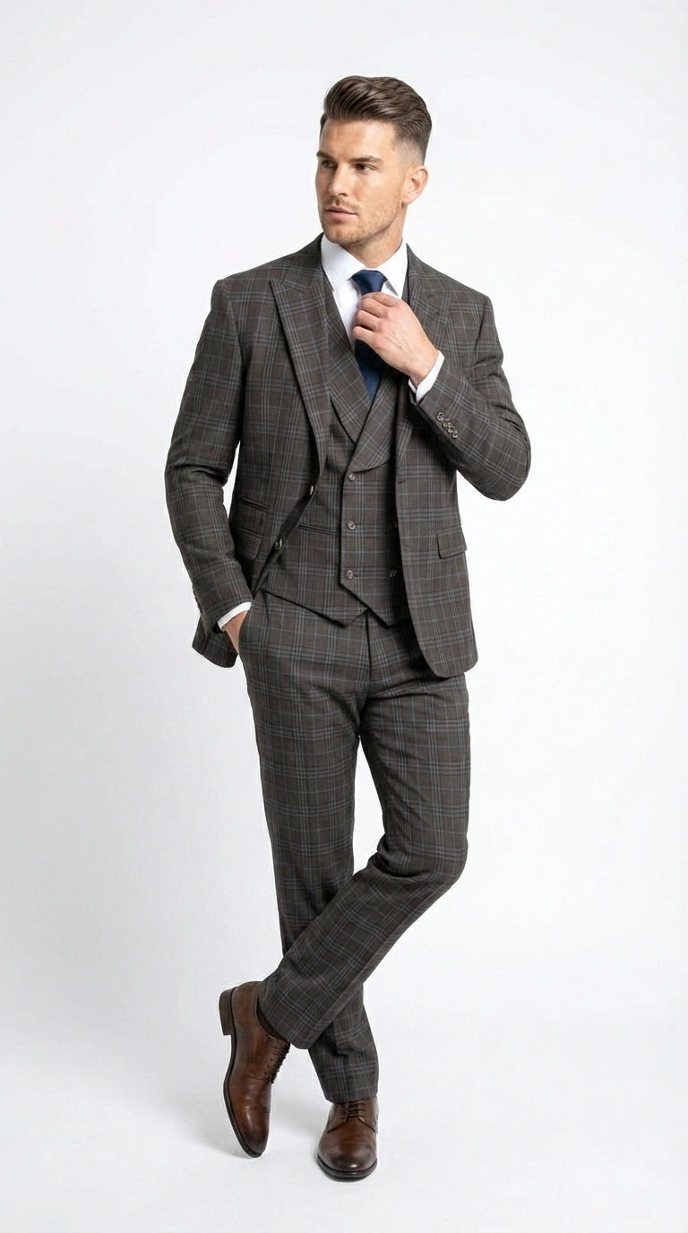 Vitali Men’s Brown Grey with blue Check 3 Piece Suit – Classic Plaid Formal Suit Set with Blazer, Vest & Trousers, Business Wedding Party Wear for Men Modern Fit