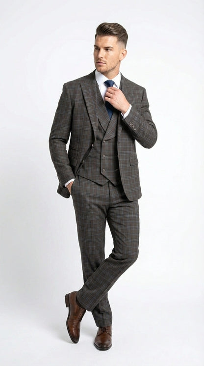 Vitali Men’s Brown Grey with blue Check 3 Piece Suit – Classic Plaid Formal Suit Set with Blazer, Vest & Trousers, Business Wedding Party Wear for Men Modern Fit