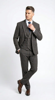 Vitali Men’s Brown Grey with blue Check 3 Piece Suit – Classic Plaid Formal Suit Set with Blazer, Vest & Trousers, Business Wedding Party Wear for Men Modern Fit