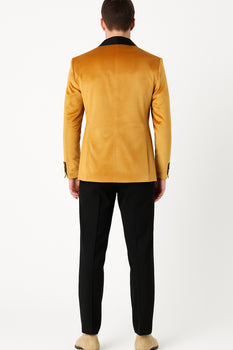 Men’s Mustard Gold Tuxedo Jacket – Slim Fit Dinner Blazer with Black Satin Shawl Lapel + Free Black Pants & Bowtie