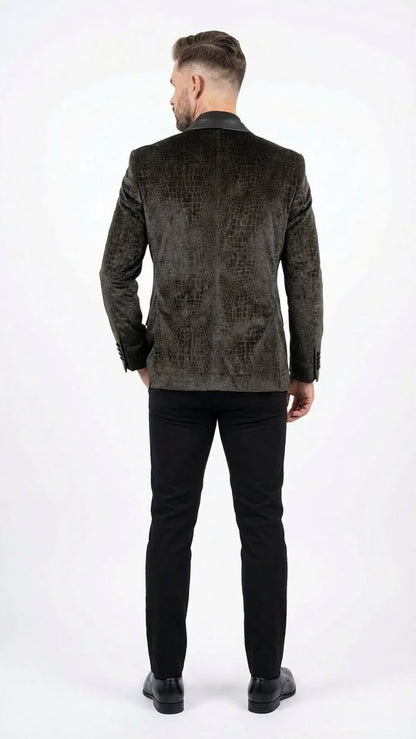 Men’s Crocodile Alligator Exotic skin Texture Blazer – Slim Fit Designer Jacket with Satin Lapels for Formal and Party Wear in Black Color