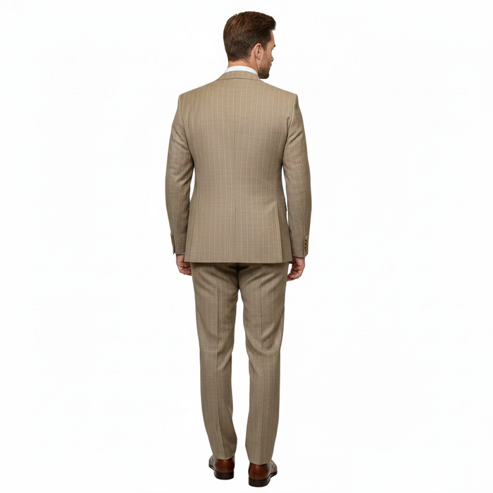 Men’s Beige Pinstripe Three-Piece Suit – Classic Fit Formal Suit with Vest and Flat-Front Pants in Tan Stripe By Rossiman
