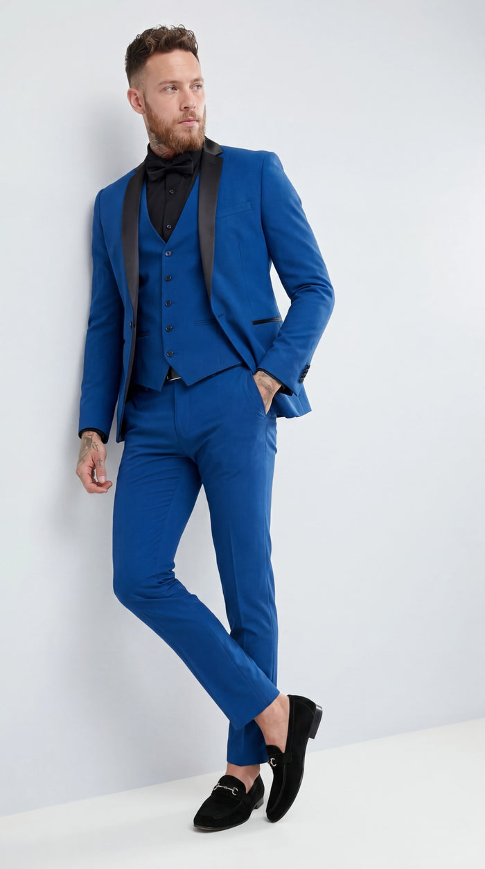 Men’s Royal Blue 3 Piece Suit with Black Lapel – Modern Formal Suit for Wedding, Prom and Party Wear Modern Fit