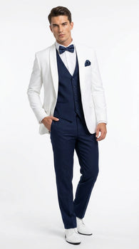 Men’s White and Navy blue tuxedo  3 Piece Suit – Classic White Blazer with Navy Vest and Pants for Wedding, Party + Bowtie