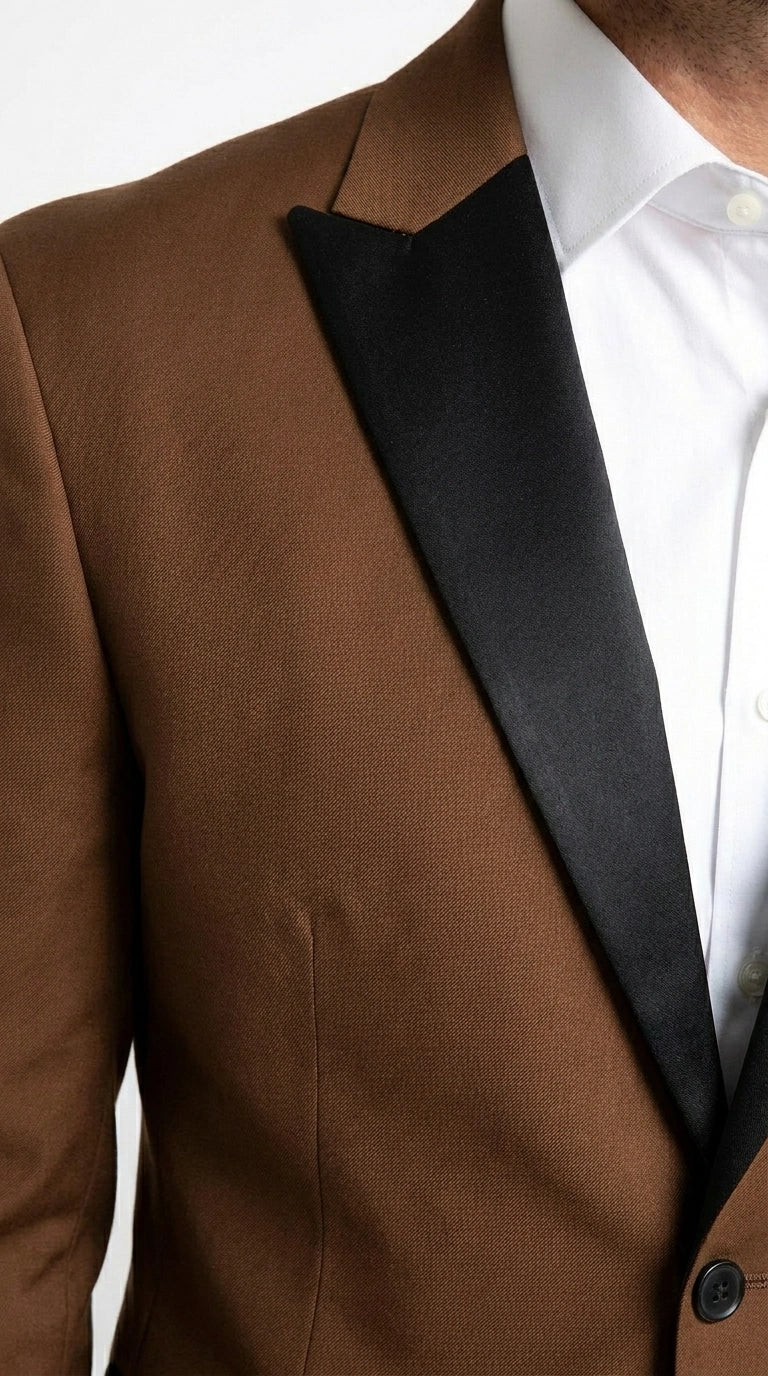 Men’s Light Brown Vested Piece Suit – Elegant Formal Suit with Contrast Lapel for Wedding, Party Modern Fit