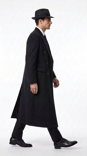 Men’s Godfather Black Double-Breasted Long Overcoat – Vintage Mobster Gangster Coat