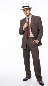 Men’s Brown Pinstripe Bonnie and Clyde Costume Suit – Vintage Gangster 1920s Outfit for Party, Halloween and Themed Events Modern Fit