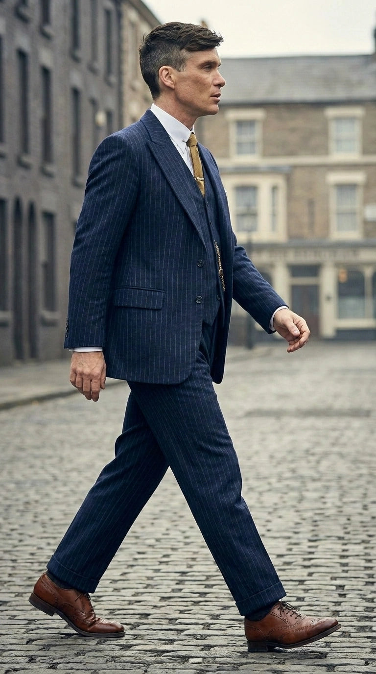 Men’s Navy Blue Pinstripe 3 Piece Suit, Thomas Shelby Inspired Vintage Formal Suit for Weddings, Parties, Prom, and Special Events Modern Fit
