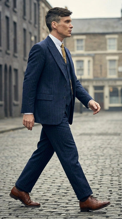 Men’s Navy Blue Pinstripe 3 Piece Suit, Thomas Shelby Inspired Vintage Formal Suit for Weddings, Parties, Prom, and Special Events Modern Fit