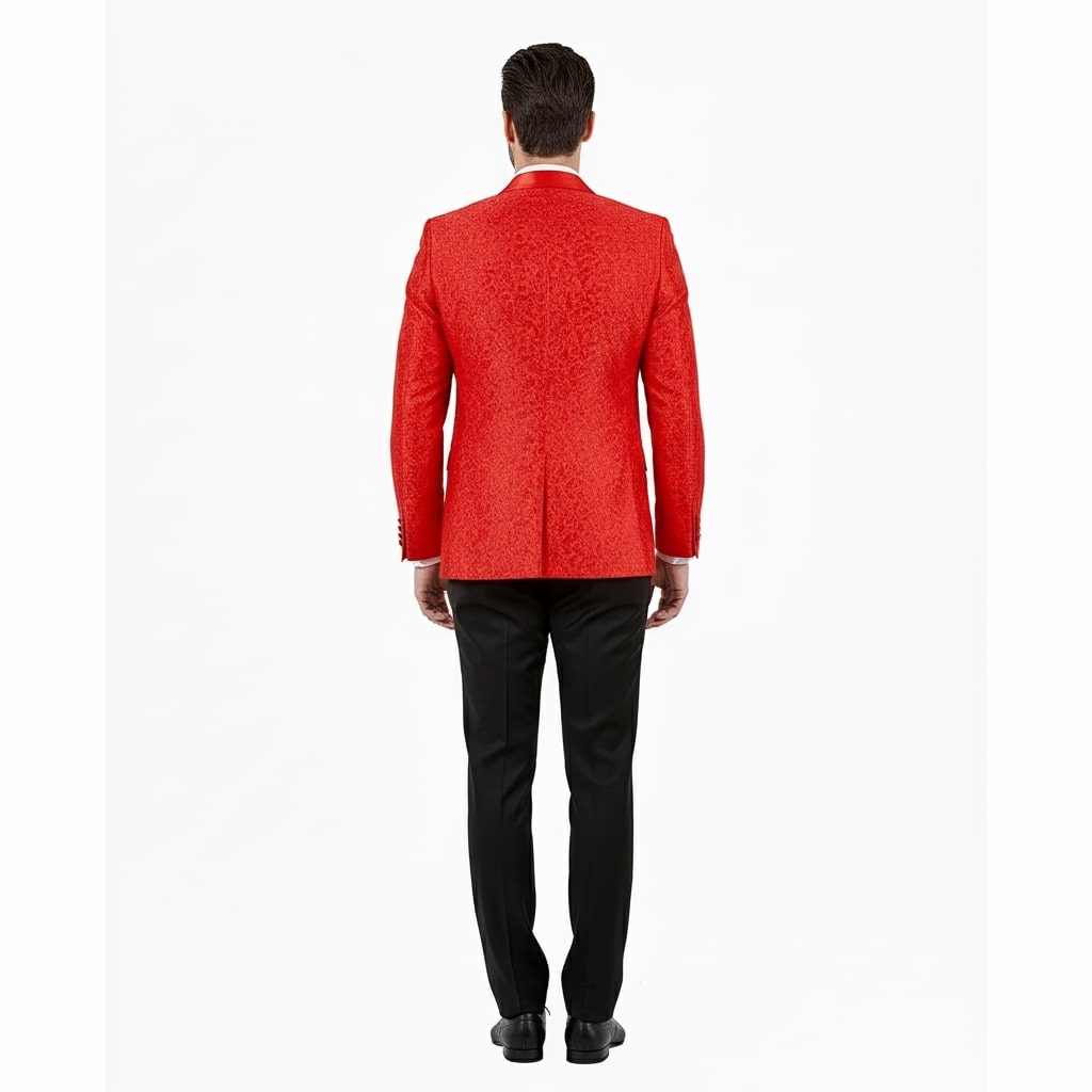 Big and Tall Mens Red Paisley Tuxedo Jacket – Satin Shawl Lapel Blazer with Bow Tie - Christmas Jacket - Image 4