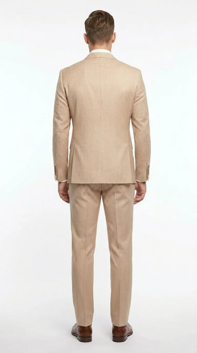 Vitali Men’s Tone on Tone Beige Pinstripe 2 Piece Suit, Double Breasted Summer Dress Suit for Weddings, Tan Beige Shadow Pinstripe Modern Fit