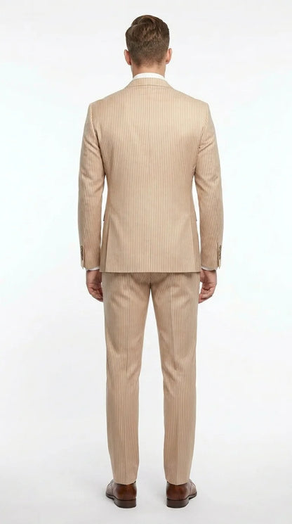 Vitali Men’s Tone on Tone Beige Pinstripe 2 Piece Suit, Double Breasted Summer Dress Suit for Weddings, Tan Beige Shadow Pinstripe Modern Fit