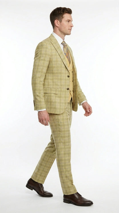 Vitali Men’s Sage Beige Tan Plaid 3 Piece Suit, Check Pattern Formal Dress Suit for Weddings, Prom, Business Events,Light Yellow Color Modern Fit