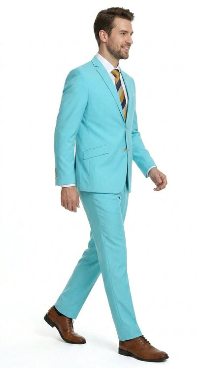 Men’s Aqua Blue 2 Piece 2 Button Suit, Formal Dress Suit for Weddings, Prom, Parties, Summer Events, Turquoise Light blue Modern Fit