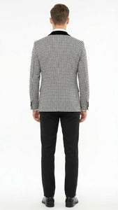 Men’s Black and White Houndstooth Tuxedo Set with Velvet Shawl Lapel | 3-Piece Formal Suit with Double-Breasted Vest