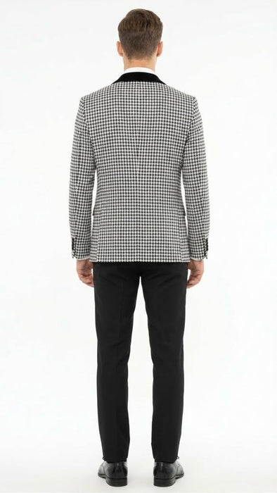 Men’s Black and White Houndstooth Tuxedo Set with Velvet Shawl Lapel | 3-Piece Formal Suit with Double-Breasted Vest