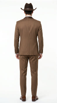 Men’s Brown Pinstripe Western Cowboy Tuxedo, Contrast Shawl Lapel Formal Suit for Weddings, Prom, Parties, and Special Occasions