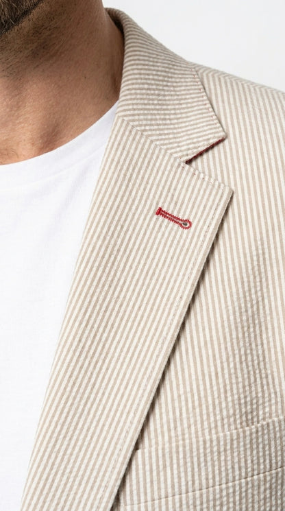Men’s Beige Seersucker Summer Blazer, Lightweight Striped Sport Coat for Weddings, Parties, Beach Events in Tan Color