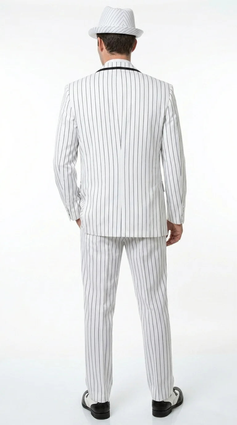 Men’s White Pinstripe 1920s Gangster 3 Piece Suit, Black Contrast Formal Costume Suit for Parties, Prom, Weddings, and Theme Events Modern Fit