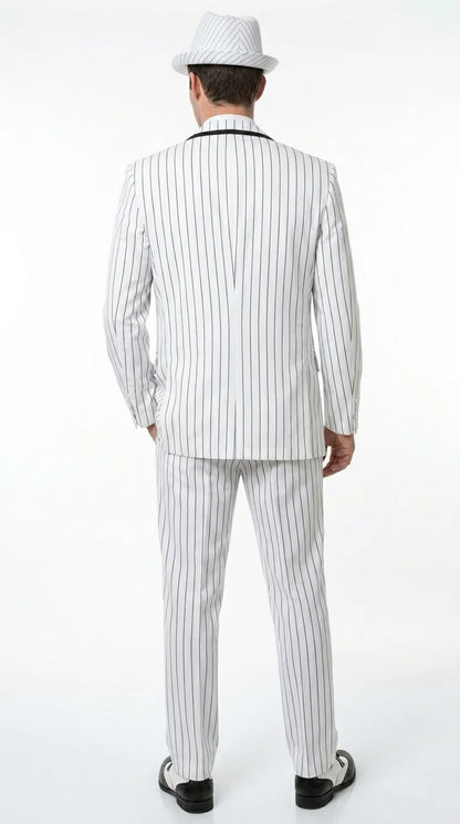 Men’s White Pinstripe 1920s Gangster 3 Piece Suit, Black Contrast Formal Costume Suit for Parties, Prom, Weddings, and Theme Events Modern Fit