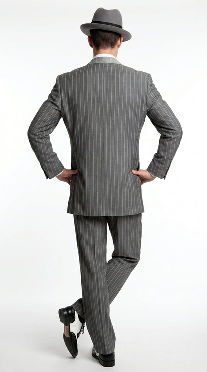 Men’s Grey Pinstripe 1920s Gangster 3 Piece Suit, Contrast Lapel Vintage Formal Suit for Parties, Prom, Weddings, and Theme Events Modern Fit