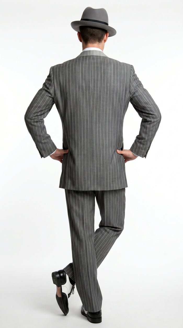 Men’s Grey Pinstripe 1920s Gangster 3 Piece Suit, Contrast Lapel Vintage Formal Suit for Parties, Prom, Weddings, and Theme Events Modern Fit
