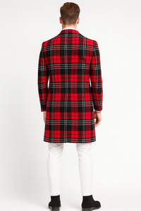 Men’s Red Plaid Wool Overcoat – Classic Tartan Check Long Coat for Stylish Winter Wear