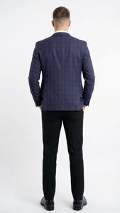 Men’s Big and Tall Navy Blue with Burgundy Plaid Jacket and Sport Coat – Wool Blazer