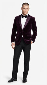 Mens Plum Eggplant Velvet Blazer Jacket – Luxury Velvet Dinner Jacket for Wedding, Tuxedo Events, Formal Parties in Burgundy Color