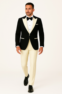 Mens Black and Ivory Tuxedo with Wide Shawl Lapel – 3 Piece Black and off White Lapel ! Vested Suit