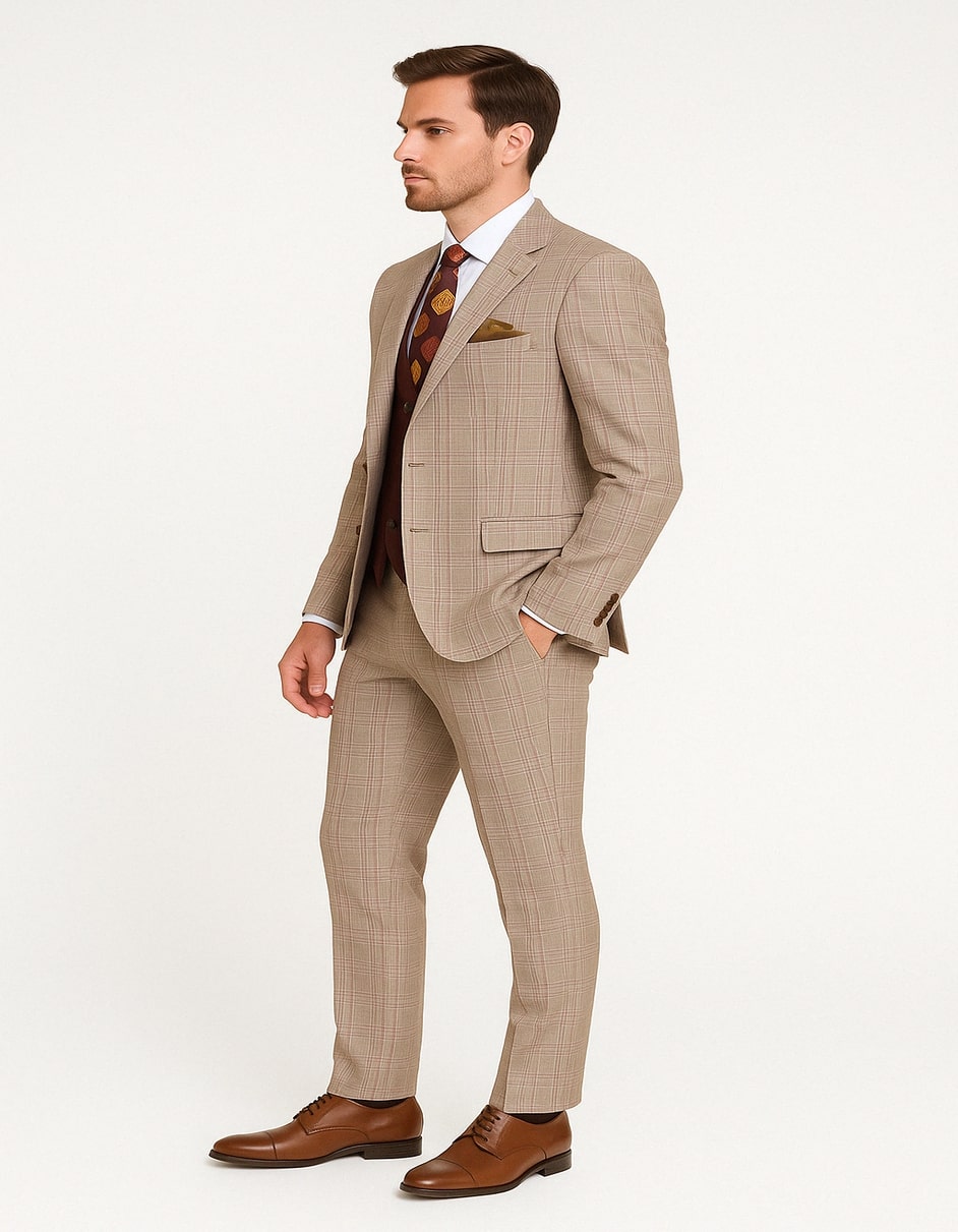Men's Light Brown Plaid Suit with Burgundy Vest and Colorful Floral Tie – 3 Piece Set - Taupe Windowpane Pattern - Image 2