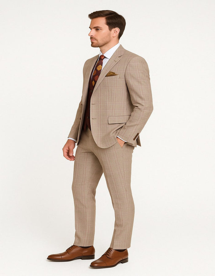 Men's Light Brown Plaid Suit with Burgundy Vest and Colorful Floral Tie – 3 Piece Set - Taupe Windowpane Pattern - Image 2
