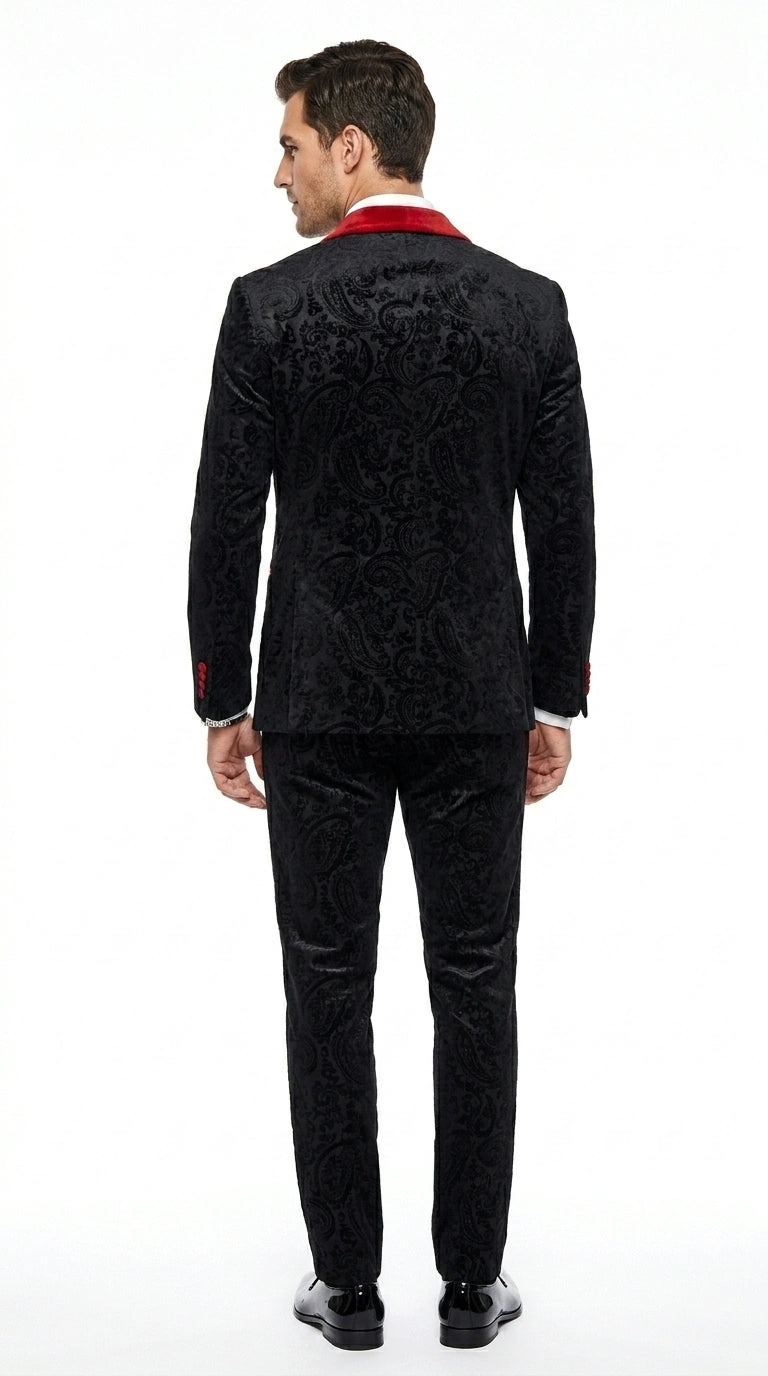 Men’s Black Paisley 2 Piece Suit with Red Shawl Lapel, Formal Wedding Prom Party Suit Set Modern Fit