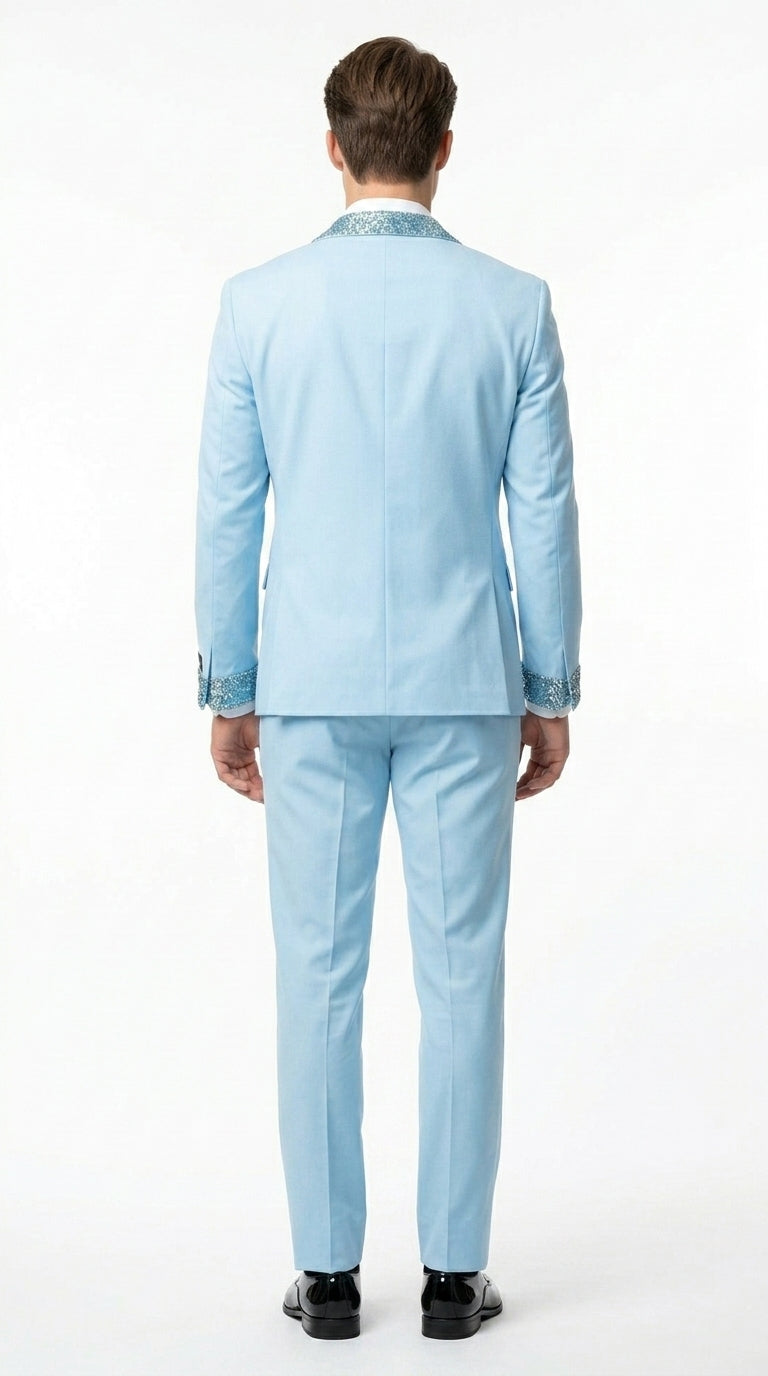 Sky Blue Prom Tuxedo - Perfect Wedding Suit Vested Rhinestone sequin Lapelled