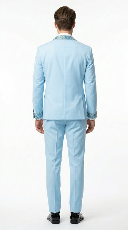 Sky Blue Prom Tuxedo - Perfect Wedding Suit Vested Rhinestone sequin Lapelled