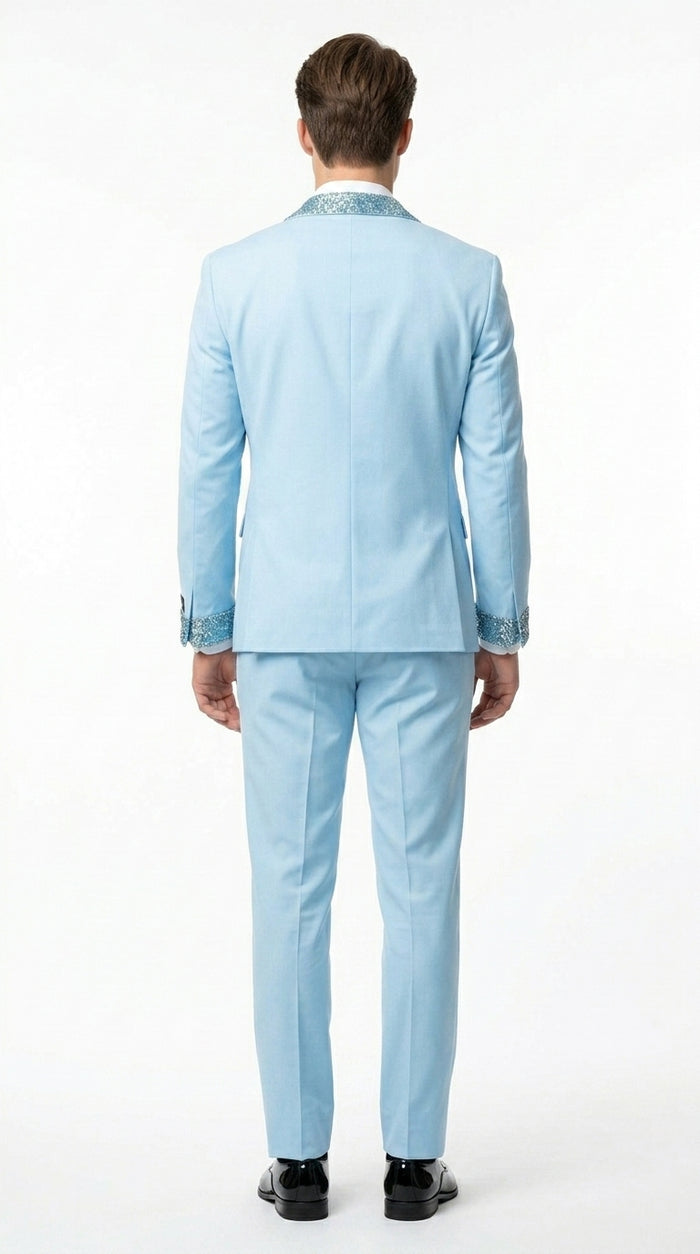 Sky Blue Prom Tuxedo - Perfect Wedding Suit Vested Rhinestone sequin Lapelled