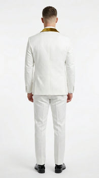 Men’s White Paisley 3 Piece With Vest Prom Tuxedo with Gold Velvet Shawl Lapel, Formal Wedding Suit Set