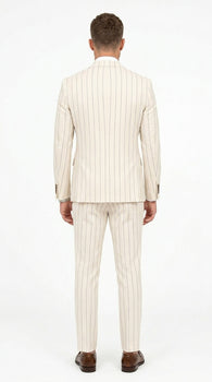 Men’s Cream Off White Pinstripe Linen Pinstripe 2 Piece Double Breasted Suit, Summer Wedding Ivory Color By Vitali