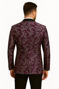 Mens Purple and White Paisley Floral Brocade Tuxedo Jacket - Suit with Satin Lapel Wtih Black Pants
