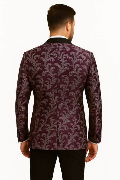 Mens Purple and White Paisley Floral Brocade Tuxedo Jacket - Suit with Satin Lapel Wtih Black Pants