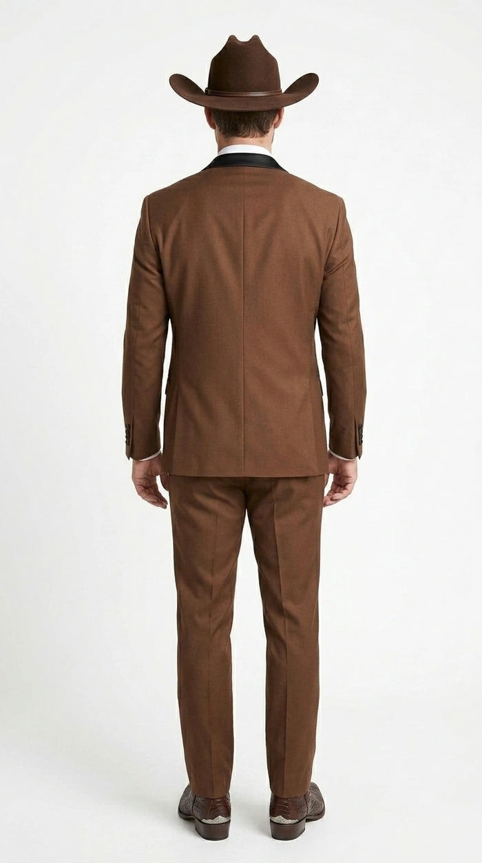 Men’s Light Brown Western Tuxedo 3 Piece Suit with Black Peak Collar Lapel, Country Look Cowboy Suit