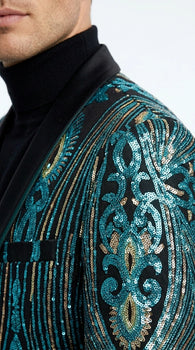 Men’s Black and Turquoise Blue With teal green Sequin Dinner Jacket, Formal Prom Wedding Paisley Floral Mardi Gra Pattern