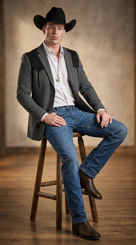 Men’s Dark Charcoal Western Blazer with Black Suede Yokes, Cowboy Sport Coat for Ranch Wedding and Country Events By Platini
