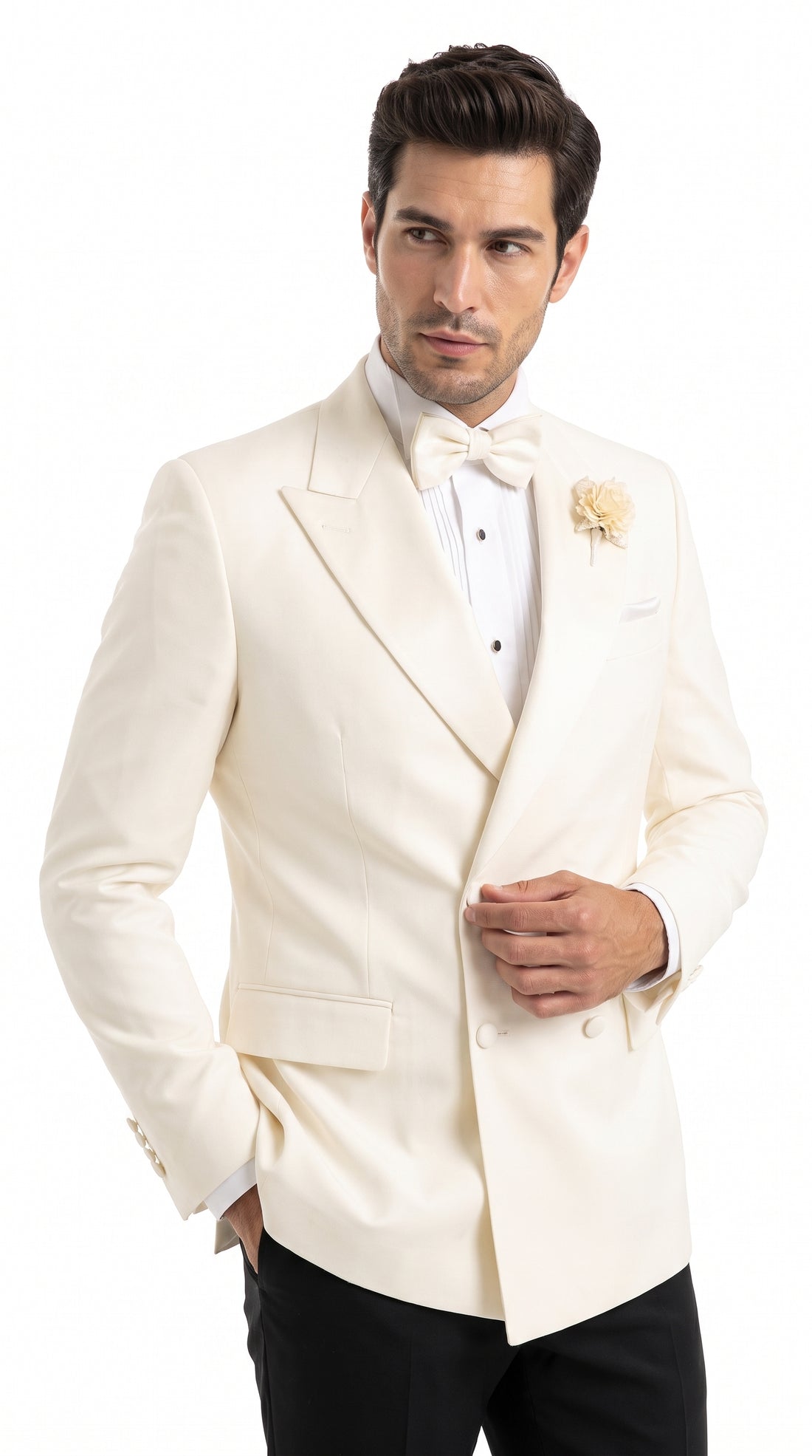 Men’s Ivory Double Breasted Dinner Jacket, Peak Lapel Formal Wedding Prom Tuxedo Blazer in cream off White color Ivory / 50 Regular