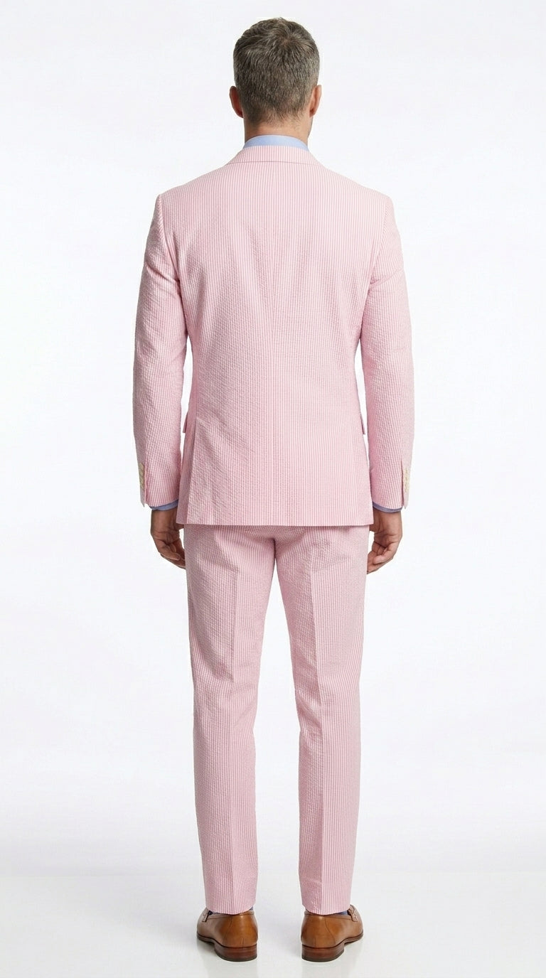 Men’s Pink Seersucker 2 Piece Suit, Lightweight Summer Dress Suit for Weddings, Prom, Parties, and Special Occasions Modern Fit