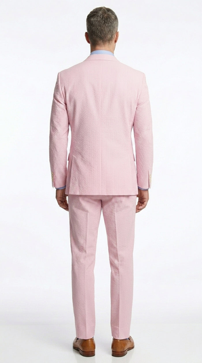 Men’s Pink Seersucker 2 Piece Suit, Lightweight Summer Dress Suit for Weddings, Prom, Parties, and Special Occasions Modern Fit