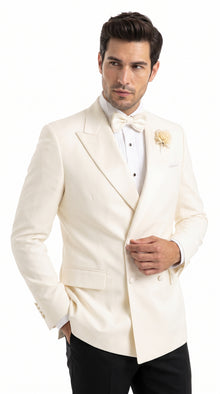 Men’s Ivory Double Breasted Dinner Jacket, Peak Lapel Formal Wedding Prom Tuxedo Blazer in cream off white color