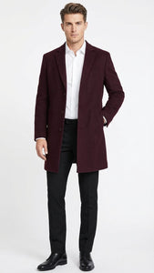 Men’s Burgundy Long Coat – Classic Fit Wool Blend Overcoat - Topcoat Full length