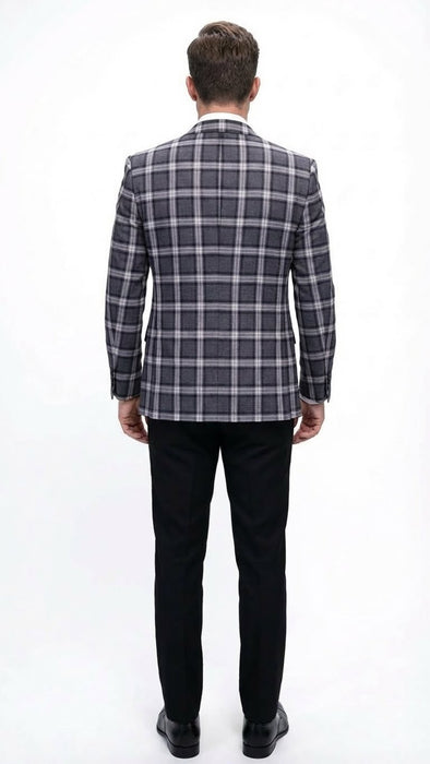 Men’s Big and Tall Charcoal Gray and Black Plaid Blazer – Grey Checker Windowpane Sport Coat