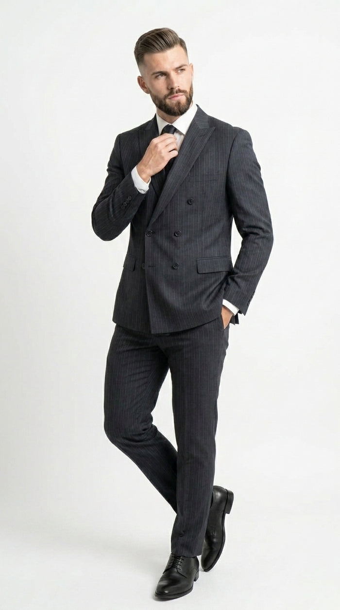 Men’s Black Pinstripe Double Breasted Suit – Classic Formal Business Suit Office and Evening Wear Modern Fit Conservative pattern